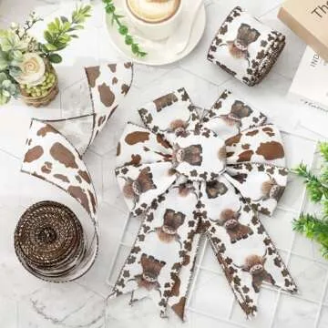JarThenaAMCS Highland Cow Wired Edge Ribbon Cow Print Craft Ribbon White Brown Fabric Ribbon for Wreath Bow Making DIY Crafts Wrapping Party Decor Supplies, 2 Rolls, 20 Yard
