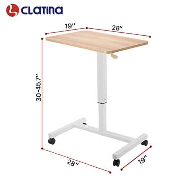 CLATINA Mobile Laptop Desk Pneumatic Sit to Stand Table Height Adjustable Rolling Cart with Lockable Wheels for Home Office Computer Workstation 28" x 19" Beige Round Edge Design Elegant