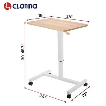 CLATINA Mobile Laptop Desk Pneumatic Sit to Stand Table Height Adjustable Rolling Cart with Lockable Wheels for Home Office Computer Workstation 28" x 19" Beige Round Edge Design Elegant