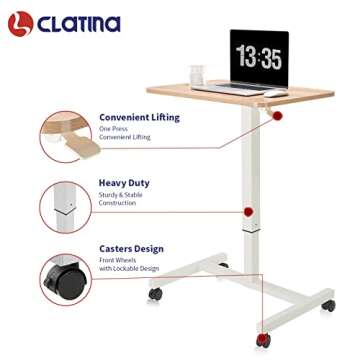 CLATINA Mobile Laptop Desk Pneumatic Sit to Stand Table Height Adjustable Rolling Cart with Lockable Wheels for Home Office Computer Workstation 28" x 19" Beige Round Edge Design Elegant