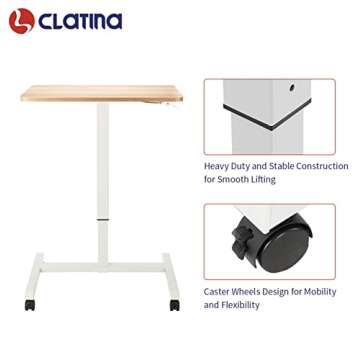 CLATINA Mobile Laptop Desk Pneumatic Sit to Stand Table Height Adjustable Rolling Cart with Lockable Wheels for Home Office Computer Workstation 28" x 19" Beige Round Edge Design Elegant