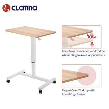 CLATINA Mobile Laptop Desk Pneumatic Sit to Stand Table Height Adjustable Rolling Cart with Lockable Wheels for Home Office Computer Workstation 28" x 19" Beige Round Edge Design Elegant