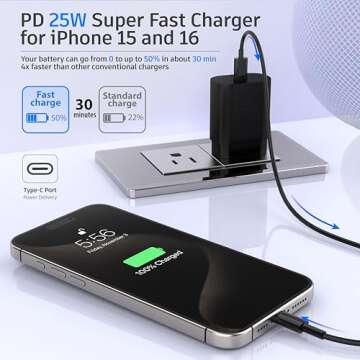 Android Charger 25W, for Samsung Charger, Super Fast Charging USB C Block, Type C Charge Cable Cord [ 6ft +10ft ] for Galaxy S25/S24 Plus/S23/S22/S21/S20/Note 20/Tablet/Watch/iPhone 16/15-Black 2Pack