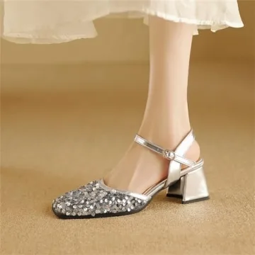 KISSASA Sparkly Square Toe Sequined Chunky Heels