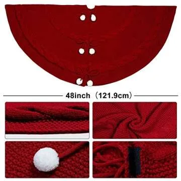 AerWo Knitted Christmas Tree Skirt 48 Inches, Large Red Tree Skirt Luxury Christmas Decorations, Thick Xmas Tree Skirt with Cute Bow and White Fluffy Ball for Holiday Party Christmas Decor