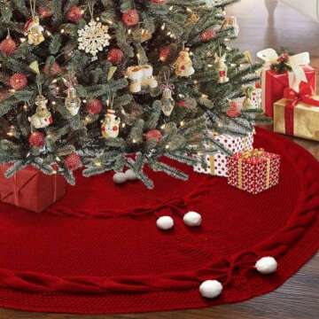 AerWo Knitted Christmas Tree Skirt 48 Inches, Large Red Tree Skirt Luxury Christmas Decorations, Thick Xmas Tree Skirt with Cute Bow and White Fluffy Ball for Holiday Party Christmas Decor