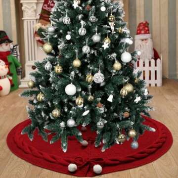 AerWo Knitted Christmas Tree Skirt 48 Inches, Large Red Tree Skirt Luxury Christmas Decorations, Thick Xmas Tree Skirt with Cute Bow and White Fluffy Ball for Holiday Party Christmas Decor