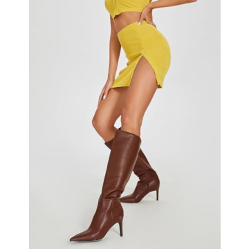 Easyfox Brown Knee High Boots Women Pointed Toe Tall Brown Boots Stiletto High Heels Knee High Brown Boots Side Zipper Long Boots Size 6