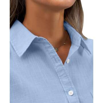 siliteelon Womens Cotton Button Down Shirt Linen Long Sleeve Button Up Dress Shirts Solid Casual Work Office Blouse Blue M