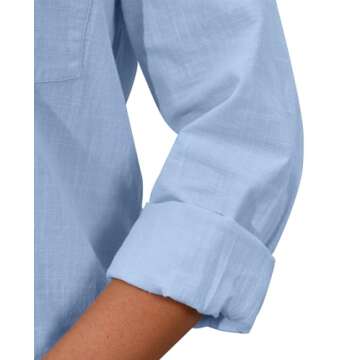 siliteelon Womens Cotton Button Down Shirt Linen Long Sleeve Button Up Dress Shirts Solid Casual Work Office Blouse Blue M