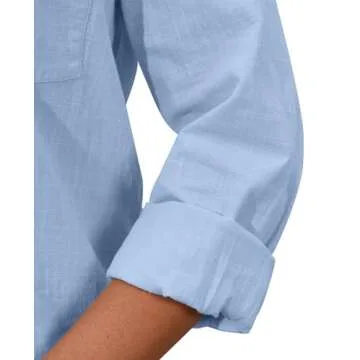 siliteelon Womens Cotton Button Down Shirt Linen Long Sleeve Button Up Dress Shirts Solid Casual Work Office Blouse Blue M