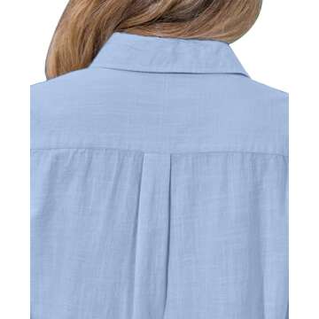 siliteelon Womens Cotton Button Down Shirt Linen Long Sleeve Button Up Dress Shirts Solid Casual Work Office Blouse Blue M