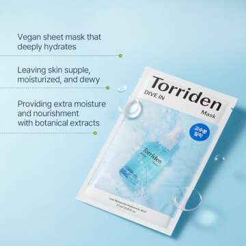 Torriden DIVE IN Hyaluronic Acid Facial Mask (10 sheets) | Extra Moisturizing Care | Hyaluronic Acid, Panthenol, Allantoin | Korean Face Mask