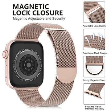 OULUOQI Compatible with Apple Watch Band 38mm 40mm 41mm 42mm 44mm 45mm 49mm Women and Men, Stainless Steel Mesh Loop Magnetic Clasp Replacement for iWatch Band Series Ultra SE 8 7 6 5 4 3 2 1 (38mm