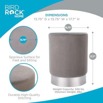 BIRDROCK HOME Round Ottoman Foot Stool – Soft Padded Modern Stool Design – Ideal for Living Room, Bedroom – Compact Footrest, Vanity Chair, Small Furniture – Foam Seating, Decorative Accent (Grey)