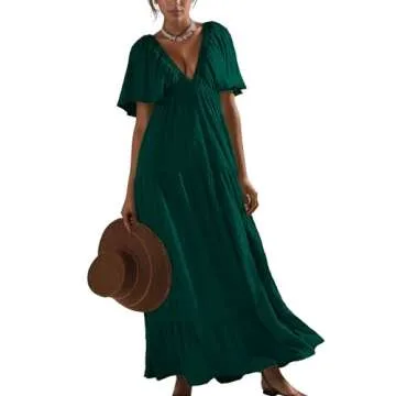 Kikibell Womens Flutter Sleeve Dress V Neck Dress Women's Maxi Dress with Sleeves Spring Wedding Guest Dresses for Women Dark Green M