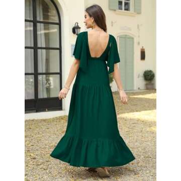 Kikibell Womens Flutter Sleeve Dress V Neck Dress Women's Maxi Dress with Sleeves Spring Wedding Guest Dresses for Women Dark Green M