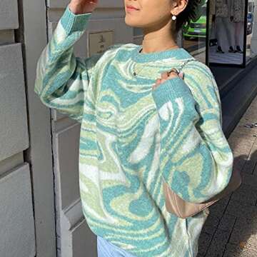 MISSACTIVER Women Casual Knitted Mock Neck Sweater Print Colorblock Long Sleeve Loose Fit Pullover K...