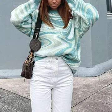 MISSACTIVER Women Casual Knitted Mock Neck Sweater Print Colorblock Long Sleeve Loose Fit Pullover Knitwear(Medium,Green)