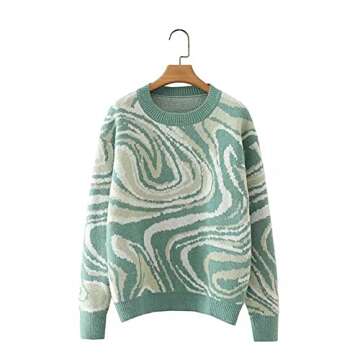 MISSACTIVER Women Casual Knitted Mock Neck Sweater Print Colorblock Long Sleeve Loose Fit Pullover Knitwear(Medium,Green)