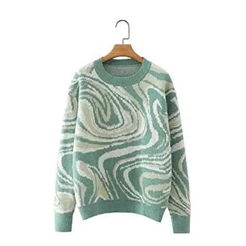 MISSACTIVER Women Casual Knitted Mock Neck Sweater Print Colorblock Long Sleeve Loose Fit Pullover Knitwear(Medium,Green)