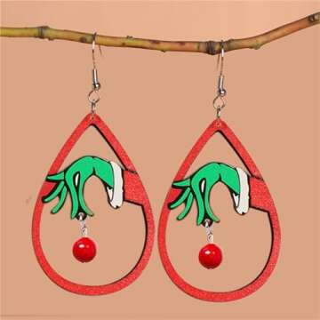 WCRAZYE Christmas Wood Earrings for Women Handmade Wooden Teardrop Dangle Earrings Christmas Xmas New Year Party Earrings Set Winter Holiday Jewelry Gift (Red)