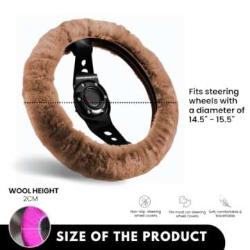 Andalus Brands Australian Sheepskin Steering Wheel Cover, Anti-Slip Universal 15 Inch Fuzzy Steering Wheel Cover Offers a Plush Velvet-Like Touch, Eco-Friendly Fluffy Steering Wheel Cover (Tan)