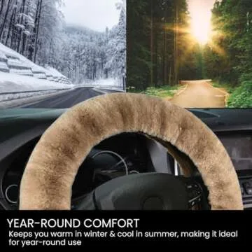 Andalus Brands Australian Sheepskin Steering Wheel Cover, Anti-Slip Universal 15 Inch Fuzzy Steering Wheel Cover Offers a Plush Velvet-Like Touch, Eco-Friendly Fluffy Steering Wheel Cover (Tan)