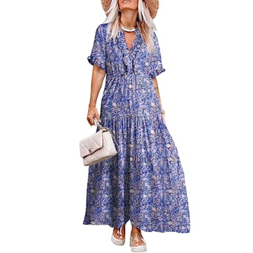Acelitt Women Plus Size Floral Boho Dresses Casual Short Sleeve V Neck Ruffle TiePurple Trendy 2023 ...