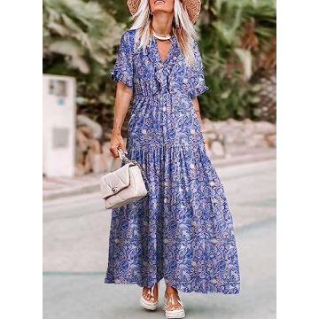Acelitt Women Plus Size Floral Boho Dresses Casual Short Sleeve V Neck Ruffle TiePurple Trendy 2023 Summer Swing A line Long Maxi Dress Purple XXL