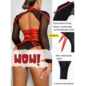 Kaei&Shi Strappy Lingerie for Women,Contrast Color Long Sleeve Mesh Shrug Cutout Rave Outfit,Choker Matching Chain Belt 3 Piece Sexy Lingerie Set Boudoir Halloween Gothic Petite Black Red Small