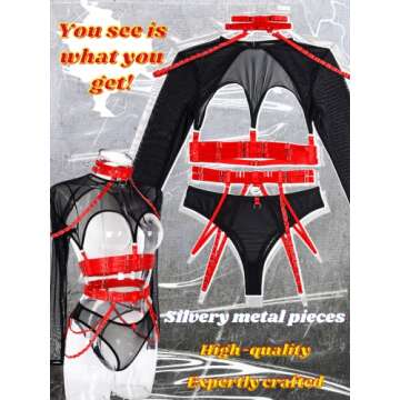 Kaei&Shi Strappy Lingerie for Women,Contrast Color Long Sleeve Mesh Shrug Cutout Rave Outfit,Choker Matching Chain Belt 3 Piece Sexy Lingerie Set Boudoir Halloween Gothic Petite Black Red Small