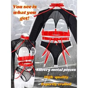 Kaei&Shi Strappy Lingerie for Women,Contrast Color Long Sleeve Mesh Shrug Cutout Rave Outfit,Choker Matching Chain Belt 3 Piece Sexy Lingerie Set Boudoir Halloween Gothic Petite Black Red Small