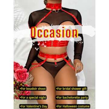 Kaei&Shi Strappy Lingerie for Women,Contrast Color Long Sleeve Mesh Shrug Cutout Rave Outfit,Choker Matching Chain Belt 3 Piece Sexy Lingerie Set Boudoir Halloween Gothic Petite Black Red Small