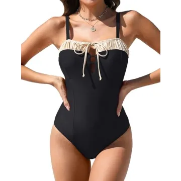 BMJL Womens One Piece Swimsuits Retro Black Tummy Control Bathing Suits Elegent Tie Front Swimwear(L...
