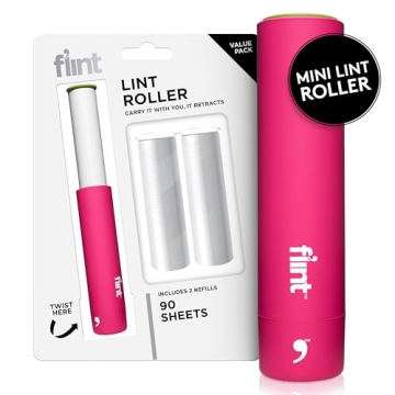 Flint Classic Pink Retractable Mini Lint Roller with 90 Extra Sticky Sheets, Small and Portable Lint...