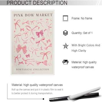 Dcvjiy Trendy Canvas Pink Bow Market Posters Girly Wall Art Coquette Watercolor Light Pink Bow Print...