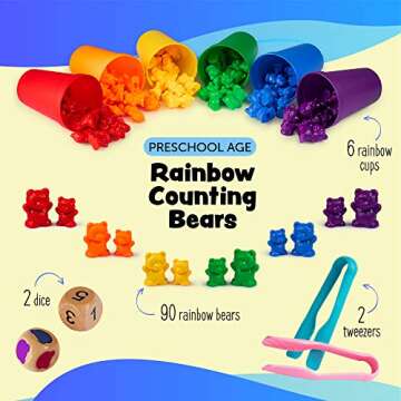 BleuZoo Rainbow Counting Bears (101 Piece Set) + Activity eBook | Montessori Educational Toddler Fin...