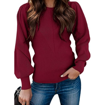 Zeagoo Women's Fashion Puff Sleeve Sweater - Chic Long Sleeve Tops
