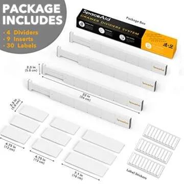 SpaceAid Bamboo Drawer Dividers with Inserts and Labels, Kitchen Adjustable Drawer Organizers, Expandable Organization for Home, Office, Dressers, 4 Dividers with 9 Inserts (17-22 in, White)
