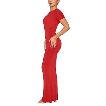 REORIA Women's Summer Casual Lounge Long Dress Elegant Short Sleeve Crew Neck Bodycon Maxi Dresses R...