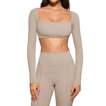 INGIA Women's Square Neck Long Sleeve Crop Top - Comfortable Athletic Tee