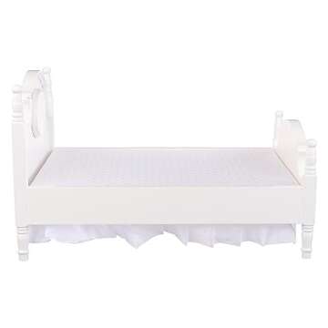 Dollhouse Furniture Queen Bed Set, Mini Bedroom Accessories for 12 inch Dolls, Grey Bedding, White Wooden Frame, 1/6 Scale