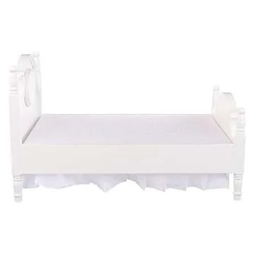 Dollhouse Furniture Queen Bed Set, Mini Bedroom Accessories for 12 inch Dolls, Grey Bedding, White Wooden Frame, 1/6 Scale