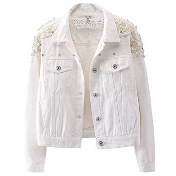 Kedera Women's Embroidered Rivet Pearl Short Denim Jacket Coat (White, Small)