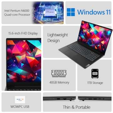 Lenovo New 15.6" Laptop, Intel Pentium 4-core Processor, 40GB Memory, 2TB PCIe SSD, 15.6" FHD Anti-G...