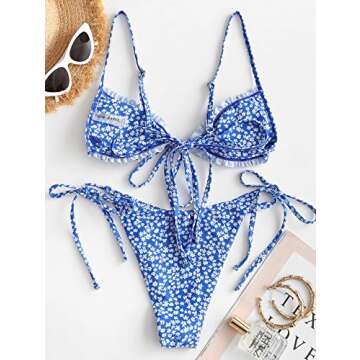ZAFUL Women's Ditsy Floral Printed Swimsuit Underwired Knotted String Triangle Bikini High Cut Cheeky Bikini Set Blue