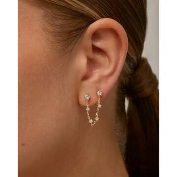 PAVOI 14K Yellow Gold Plated CZ Station Chain Earrings for Women | Double Piercing Dangle Chain Stud...