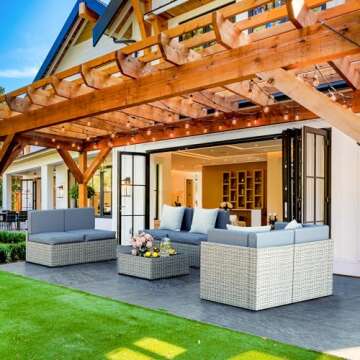 Pamapic Patio Furniture Set, 7 Pieces Modular Outdoor Sectional,Wicker Patio Sectional Sofa Conversation Set, Rattan Sofa with Coffee Table and Washable Cushions Covers, Grey Rattan(Grey Cushions)