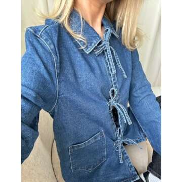COZYPOIN Women's Tie Front Bow Denim Jacket Cropped Jean Shirts Lightweight Long Sleeve Spring Fall ...